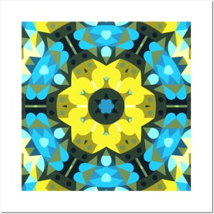 Retro Mandala Flower Blue and Yellow Posters and Art